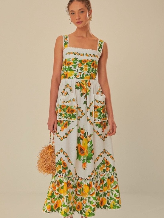 FARM Rio Dresses & Skirts - FARM Rio White Maxi Dress with Yellow Lemon & Green Leaf Print